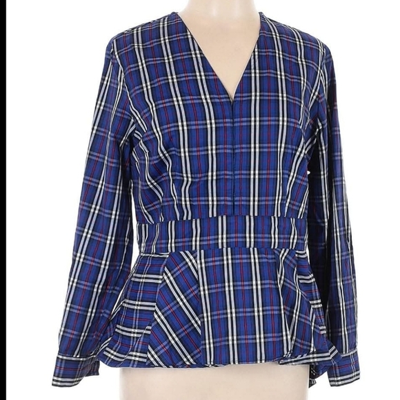 NEW YORK AND COMPANY Plaid Peplum Blouse Size Large - Picture 1 of 7